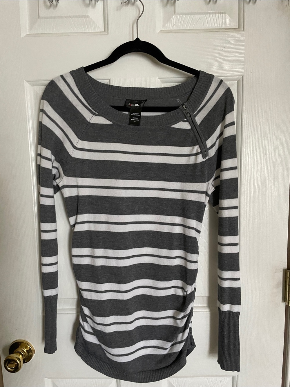 Always Gray and White Striped Long-Sleeve Sweater with Shoulder Zip